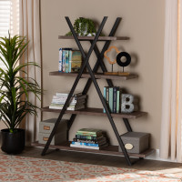 Baxton Studio LY-N0818-Shelf Fiera Industrial Rustic Walnut Finished Wood and Black Metal 4-Tier Living Room Display Shelf